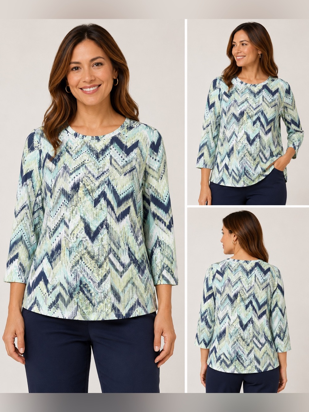 Alfred Dunner Light Chevron Knit Top in Navy and Mint, Size X-Large
